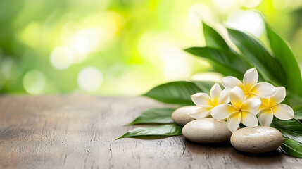 Fototapeta premium White Plumeria Flowers and Smooth Stones on Wooden Table with Green Bokeh Background