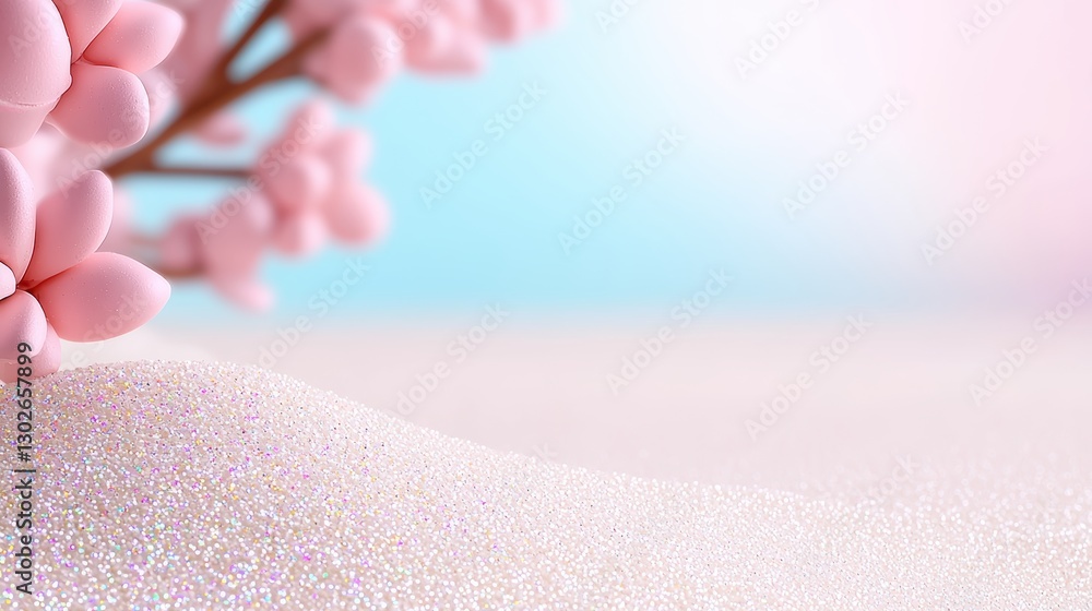 Poster a delicate cherry blossom branch rests on soft sand, creating a serene and calming scene with a past