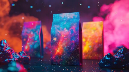 A playful concept showing cosmic-themed snack packaging with a glowing, vibrant design.