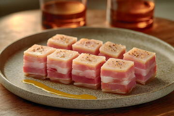 Appetizer Of Layered Bacon Cubes With Mustard Sauce On Plate