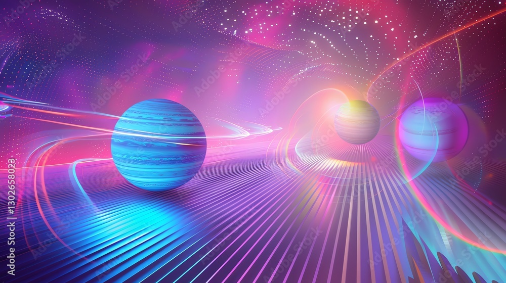 Wall mural an abstract space scene with two planets and glowing light trails.