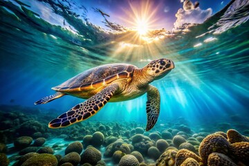 Obraz premium Hawksbill Sea Turtle Gracefully Swimming in Vibrant Blue Ocean Water - Underwater Wildlife Photography