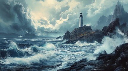 Majestic lighthouse on rocky coast, dramatic sky