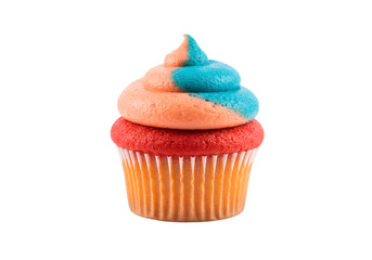 Colorful Cupcake with Swirled Frosting in Bright Orange and Blue on a Plain Background