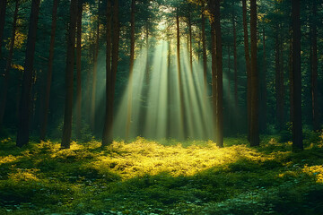 Golden Sunlight Through Forest Canopy
