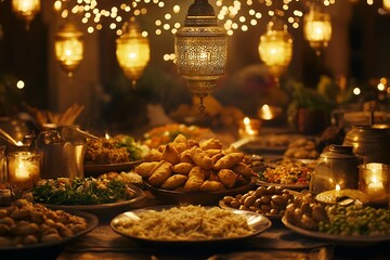 Luxurious Middle Eastern Feast Ramadan Iftar Dinner Table with Warm Lighting