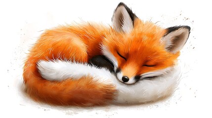 Obraz premium Enchanting Tiny Orange Fox Nestled in Cozy Ball by Calm Waters | Whimsical Wildlife Wonder