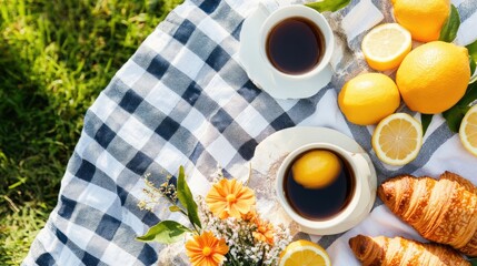 Refreshing picnic setup with tea, lemons, and croissants
