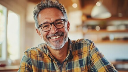 Fototapeta premium Happy Mature Man Smiling in Casual Flannel Shirt