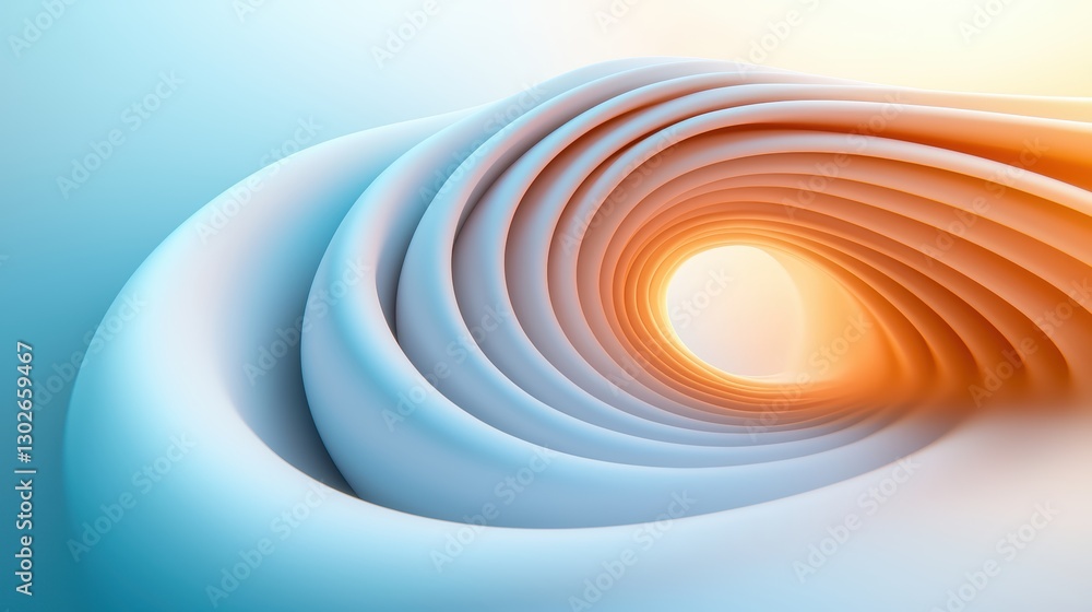 Poster a smooth, abstract wave pattern in soft blue and orange hues, suggesting motion and depth, with a ci