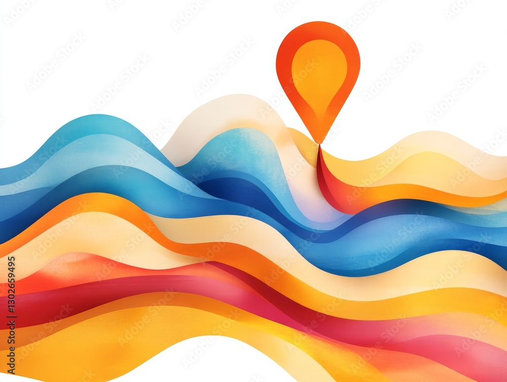 Poster colorful flowing wave layers with bright orange map marker creating a dynamic travel and navigation 
