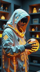 Obraz premium Classic Roswell-type alien preparing for spaceship launch with glowing runic orb