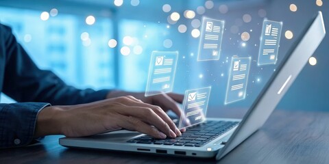 A person types on a laptop, with digital data projected above the keyboard, illuminated by soft background lights, symbolizing technology and innovation.