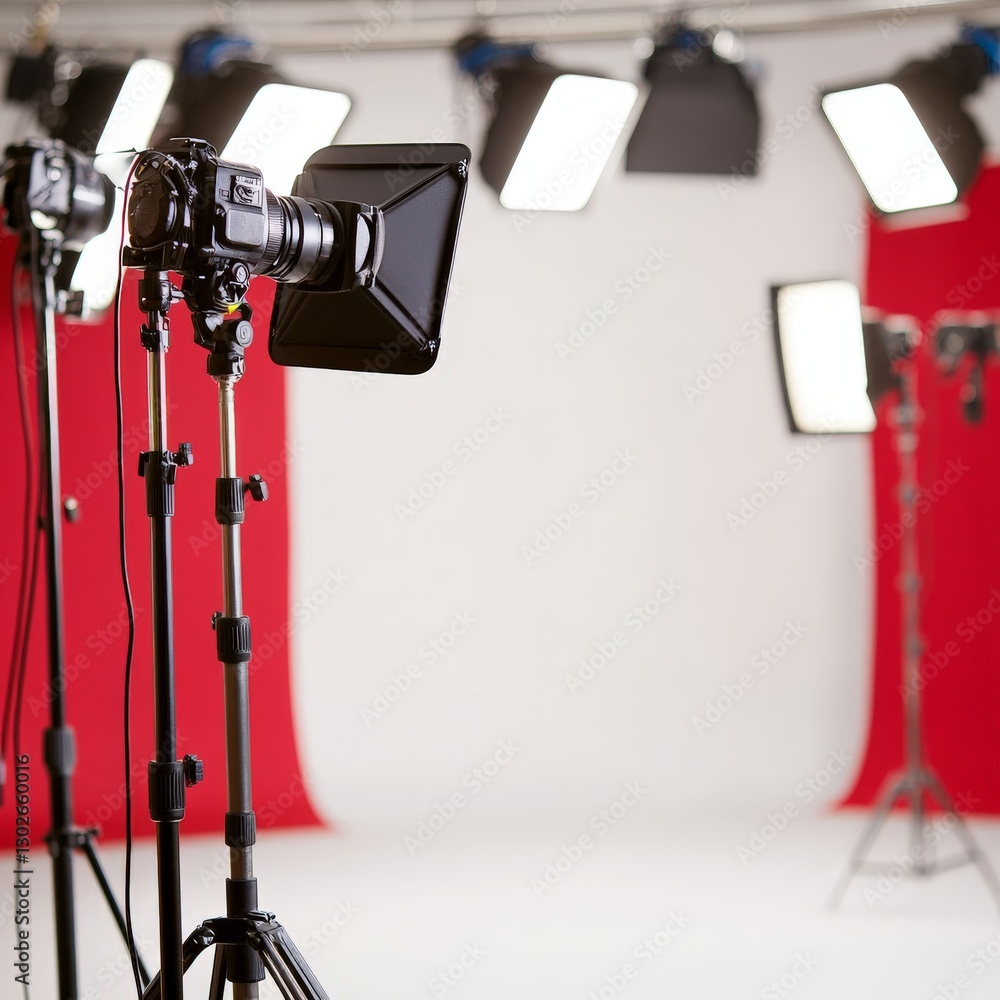 Aufkleber professional photography studio setup with multiple softbox lights tripods and red backdrop for high