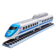 Naklejka premium Modern Toy Train Model on Track with Stylish Blue and White Design