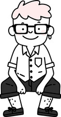 Cartoon Character with Pink Hair and Glasses Squatting in Casual Outfit