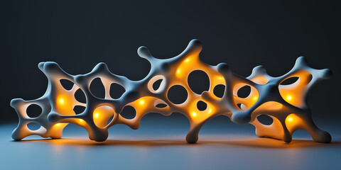 Breathtaking organic shapes emerge, inspired by molecular designs, radiating soft light against a dark backdrop, inviting viewers into a harmonious blend of nature and innovation