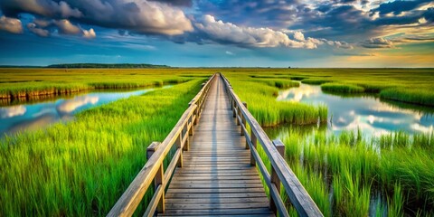Fototapeta premium Louisiana Marsh Walkway: Stunning Depth of Field, Scenic Coastal Path