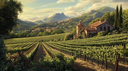 Scenic vineyard landscape with mountains.