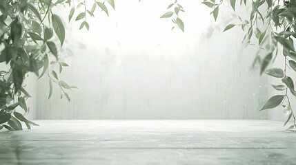 Fototapeta premium White Wooden Table with Green Leaves and Misty Background