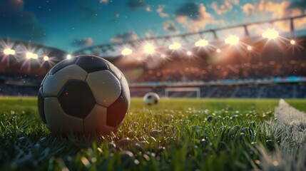 Fototapeta premium Soccer Ball at Stadium: A Night Game Ready to Begin