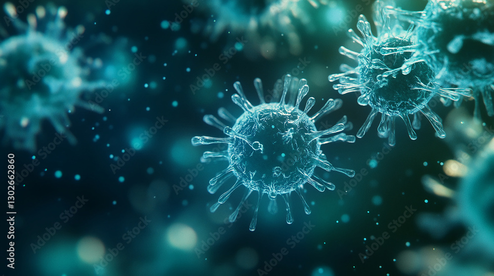 Aufkleber Close-up of floating virus particles in a digital microscopic view, showcasing their structure in a conceptual representation of infection, disease, or healthcare topics.