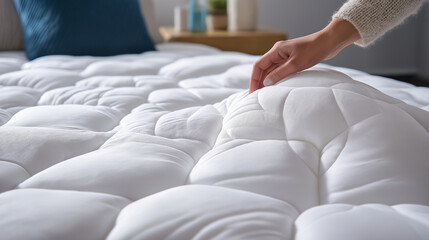 Obraz premium Ergonomic Mattress Topper, Quilted Memory Foam, White Bedding, Hand Lifting Corner, Blue Accent Pillow, Cozy Bedroom, Soft Texture, High-Quality Fabric, Sleep Comfort, Close-Up Shot, Home Decor