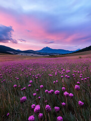 wild flowers foreground, wide angle for breathtaking sunrise dramatic lenticular clouds, dreamlike romantic landscapes.