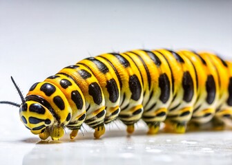 Low Light Photo: Yellow and Black Striped Caterpillar Crawling on White
