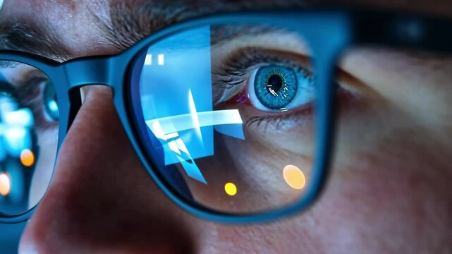 A close-up of a man wearing spectacles and gazing at a computer screen while wearing eyeglasses