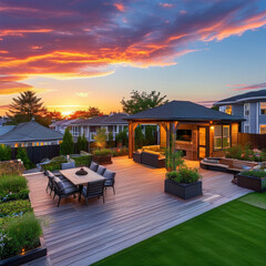 Fototapeta premium Urban neighbourhood at sunset, urban house, wide shots of home gardens, lawns, yards, decks and spaces for outdoor entertaining