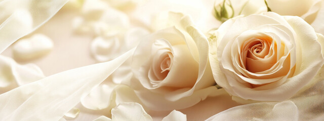 Obraz premium Elegant cream roses on ornate background - wedding banner