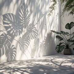 Tropical plant shadows, white minimalist interior, monstera leaves, dramatic lighting, sunlight through windows, potted plants, geometric patterns, clean aesthetic, contrasting textures, architectural