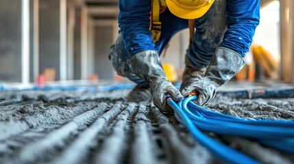 Worker Installing Underfloor Heating Pipes.