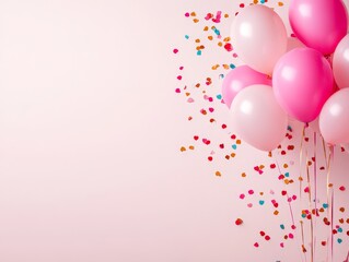 Vibrant pink balloons floating against a soft pastel background with scattered confetti creating a festive atmosphere perfect for celebration and party themes stock photo