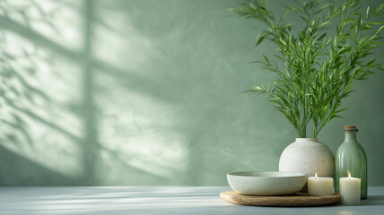 Minimalist green studio room with candles, bottel and a green plant