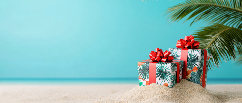 Christmas in July, Santa on the beach. Presents on sandy beach with tropical background.