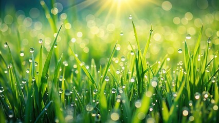 Fototapeta premium Lush Green Grass Morning Dew Blank Space Text Overlay Stock Photo