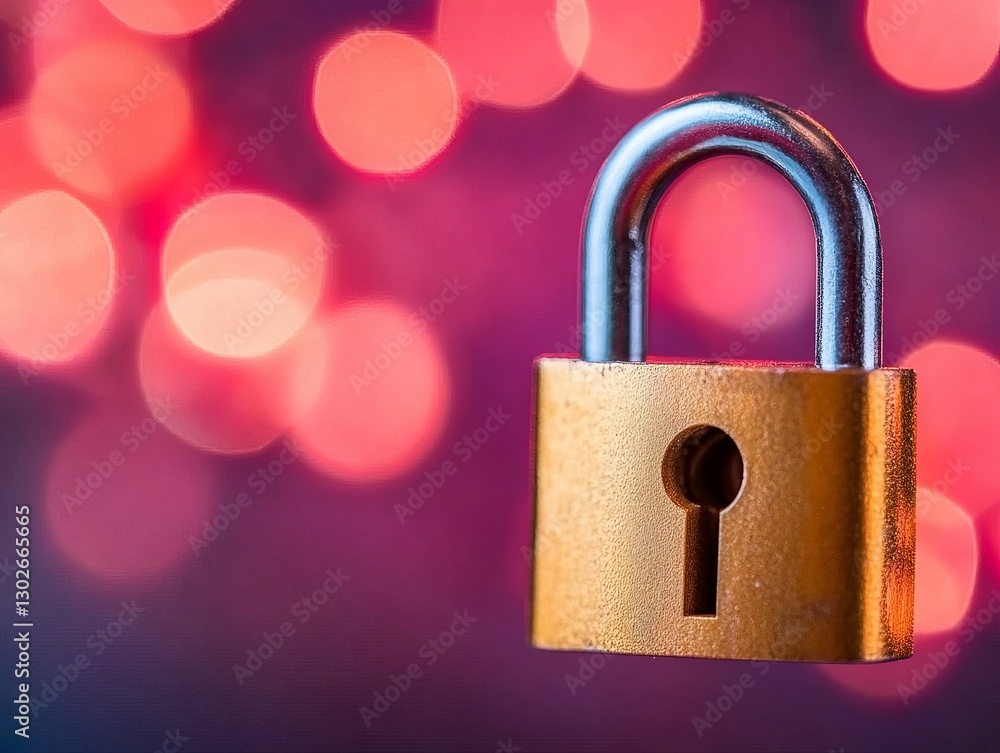 Poster secure golden padlock with glowing bokeh lights in background symbolizing privacy protection and cyb