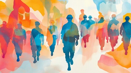 Abstract Watercolor Silhouette of Soldiers Walking in Formation Together
