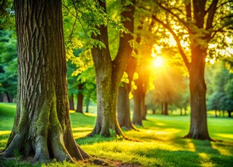 Obraz premium Lush Green Park Landscape: Majestic Trees with Deep Focus