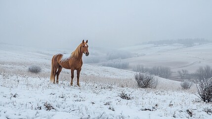 Lone palomino horse in snowy landscape.