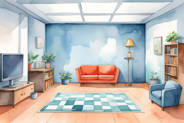Watercolor Living Room Illustration with Sofa and TV for Home Decor