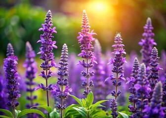 Fototapeta premium Lush Mexican Bush Sage Flowers in Vibrant Purple, Shallow Depth of Field Garden Background