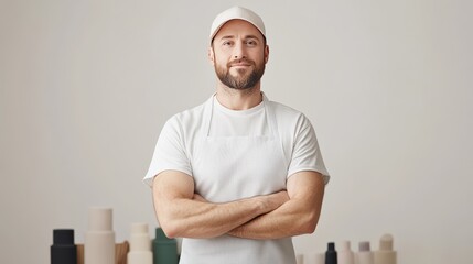 Confident young man in casual white t shirt with crossed arms standing in modern minimalist interior with warm lighting and contemporary design