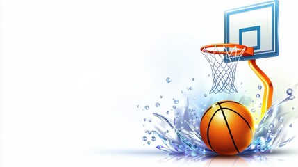 Fototapeta premium A basketball logo design featuring a basketball, hoop, and net in a fun, clean clipart style with bright colors.