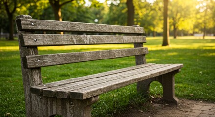 Rustic wooden park bench invites peaceful contemplation in a sunlit meadow
