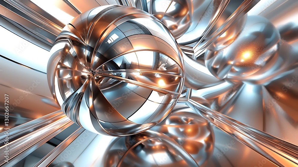 Poster abstract metallic spheres with reflective, glossy surfaces. dynamic 3d render with chrome and silver