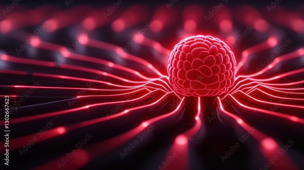 Poster a vibrant red sphere at the center surrounded by glowing lines, creating a dynamic, energetic visual