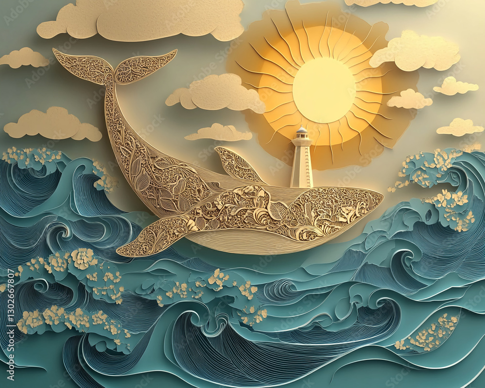 Poster a paper cut-out artwork of a whale swimming through waves with a lighthouse and sun in the backgroun